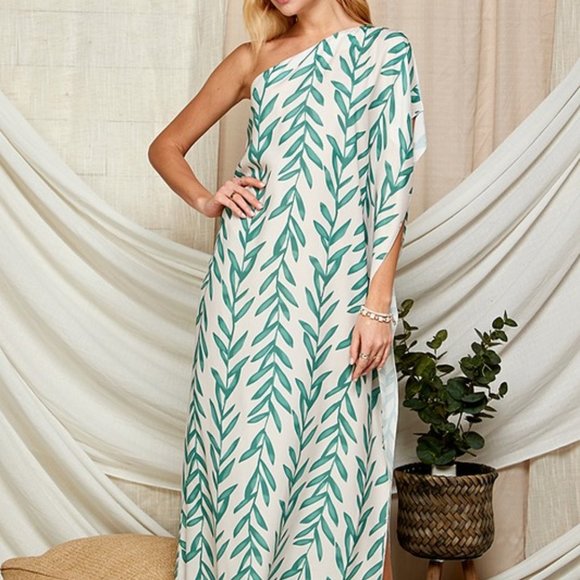 LEAF PRINT ONE SHOULDER SATIN MAXI DRESS - Picture 3 of 7